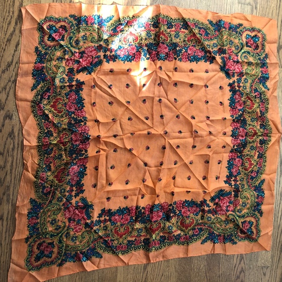 Unbranded Ladies Silk Scarf Orange Multicolor Floral - Picture 1 of 5